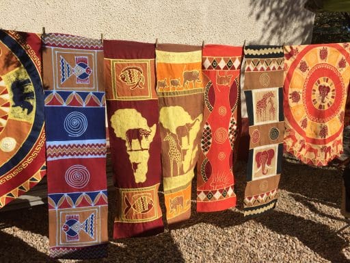 Brightly-colored table clothes and runners at the Green Market in Windhoek.